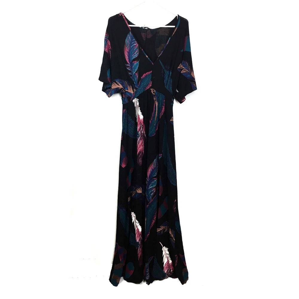 Express Feather Print V Neck Maxi Dress